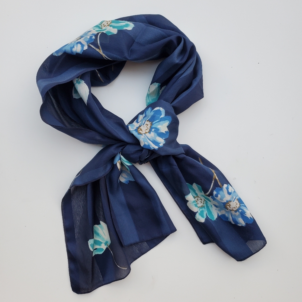 Italy Floral Scarf Silky Navy Blue Tulips Watercolor Flowers Stripes Lightweight